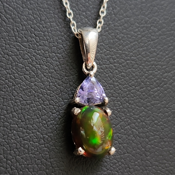 VID! 925 Natural Ethiopian Black Opal & Tanzanite Pendant Charm Necklace, Italy - Picture 7 of 14